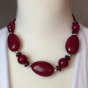 Vintage Red Plastic Chunky Bead Statement Necklace 18 Inch Silver Tone Hardware